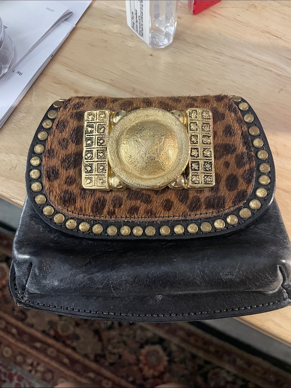 Leopard Print Mini Crossbody with Gold Medallion Accent